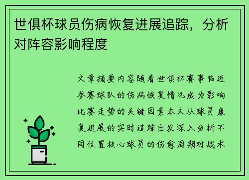 世俱杯球员伤病恢复进展追踪，分析对阵容影响程度
