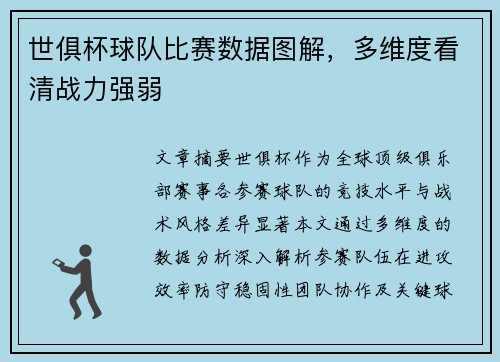 世俱杯球队比赛数据图解，多维度看清战力强弱